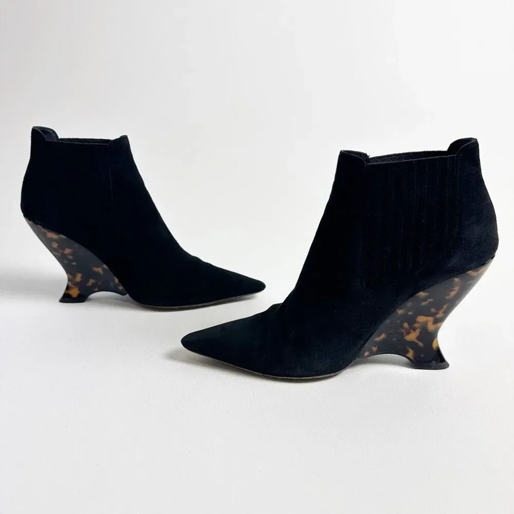 DIOR Optic-D Black Suede Chelsea Ankle Boot 37.5 Sculpted Tortoiseshell Wedge